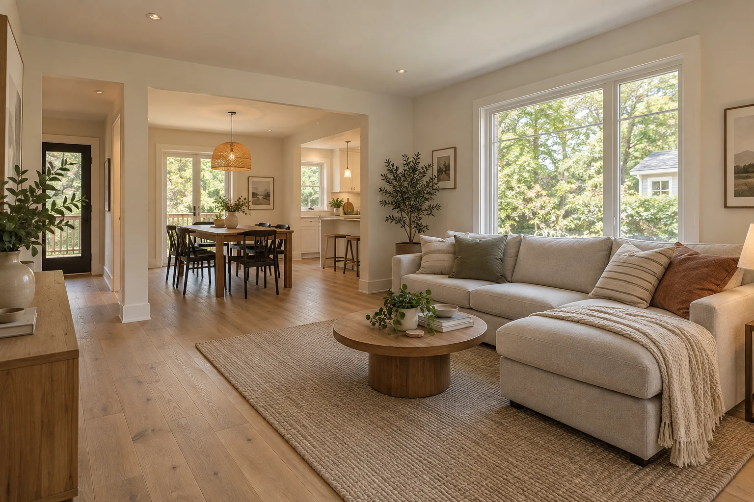 Illustrative connected living and dining room