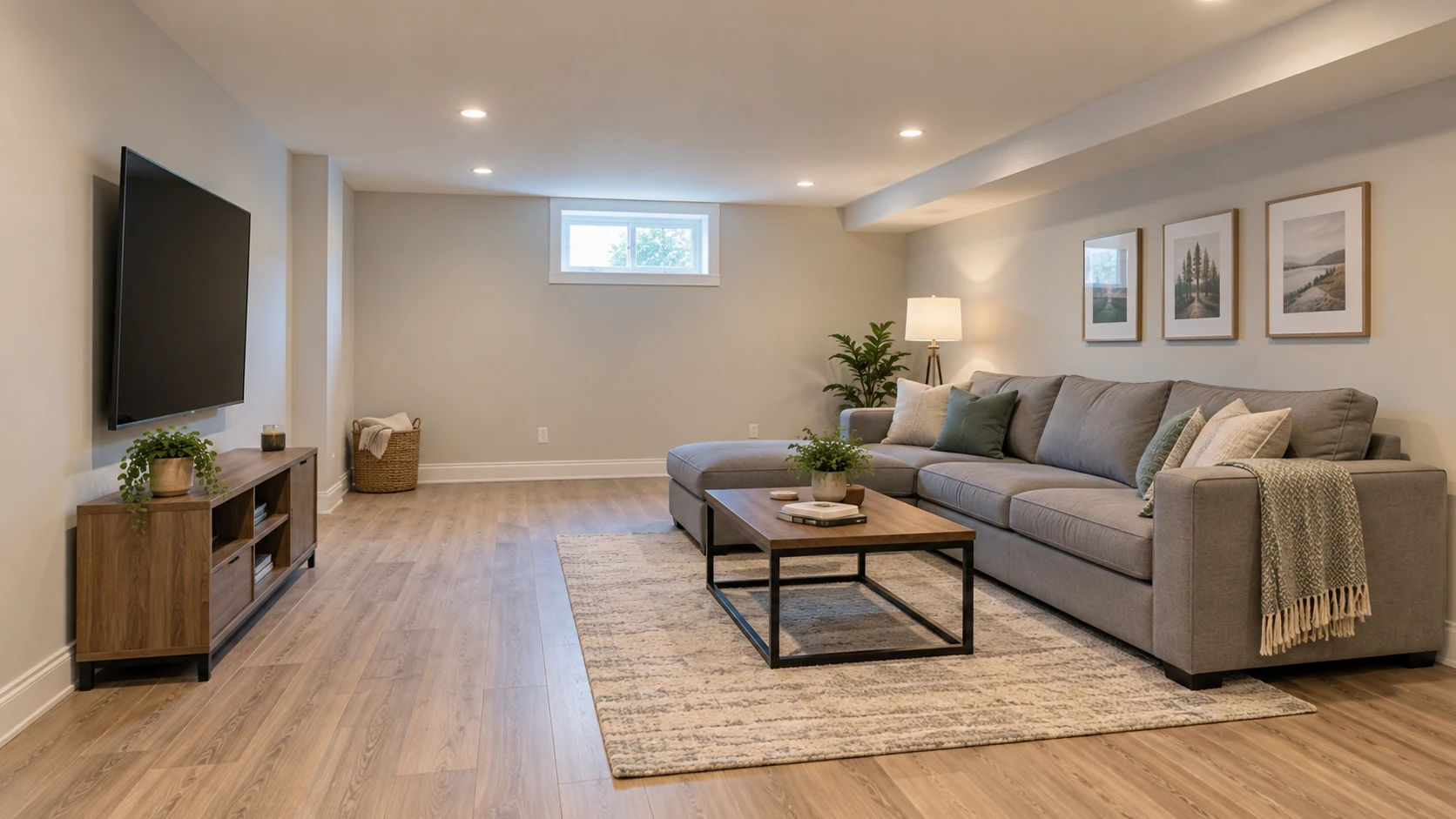 Illustrative family basement with a simple TV area and comfortable seating