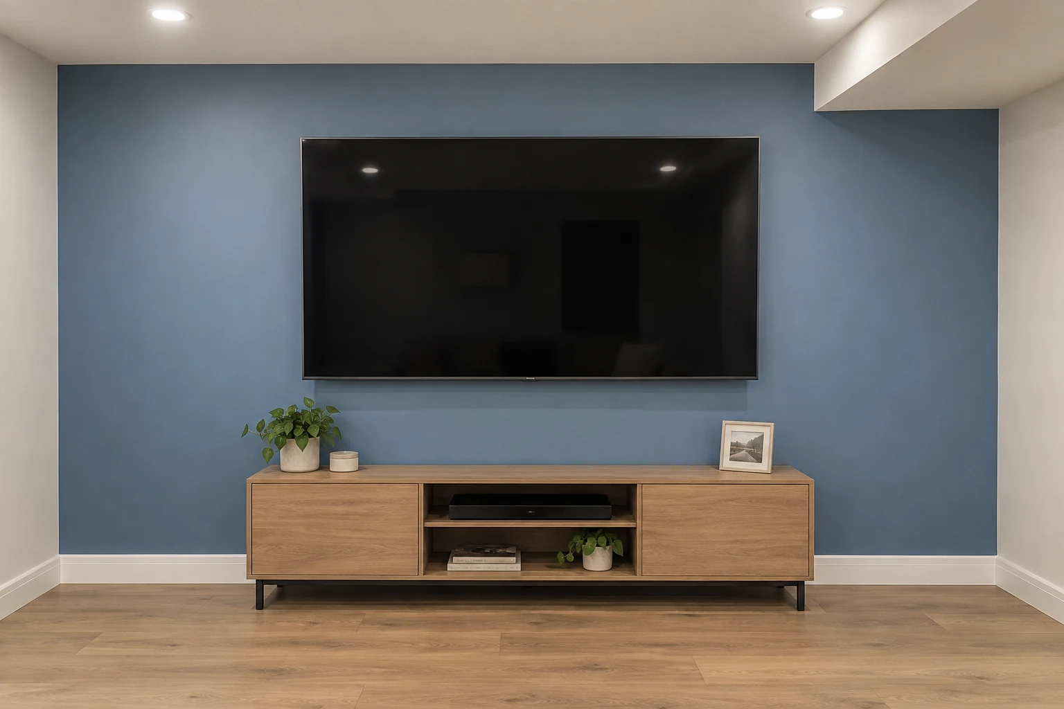 Illustrative TV wall with concealed wiring and a simple media console